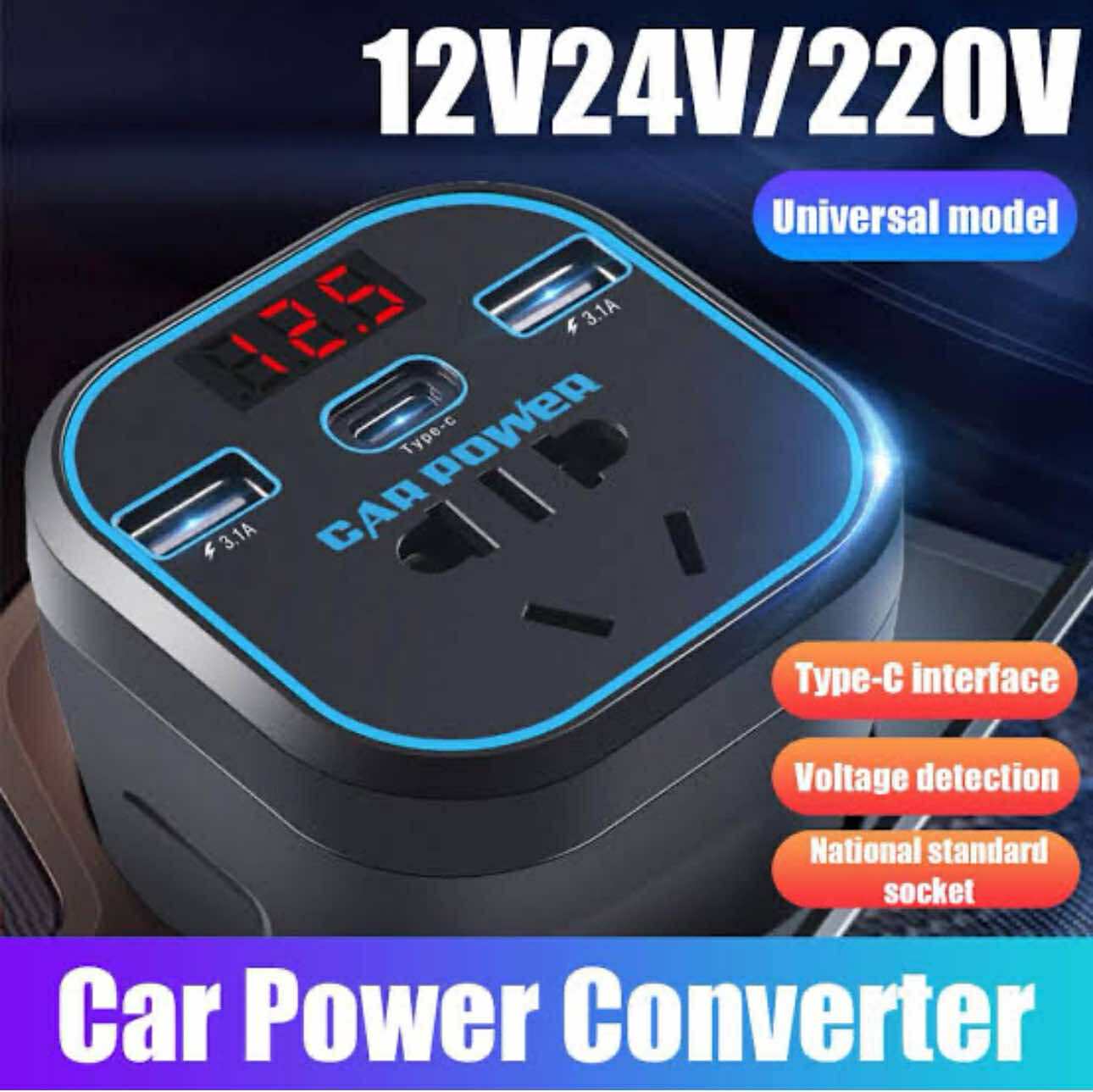 Convertisseur de Courant Voiture 12V/24V vers 220V – Prise Universelle avec USB & Type-C